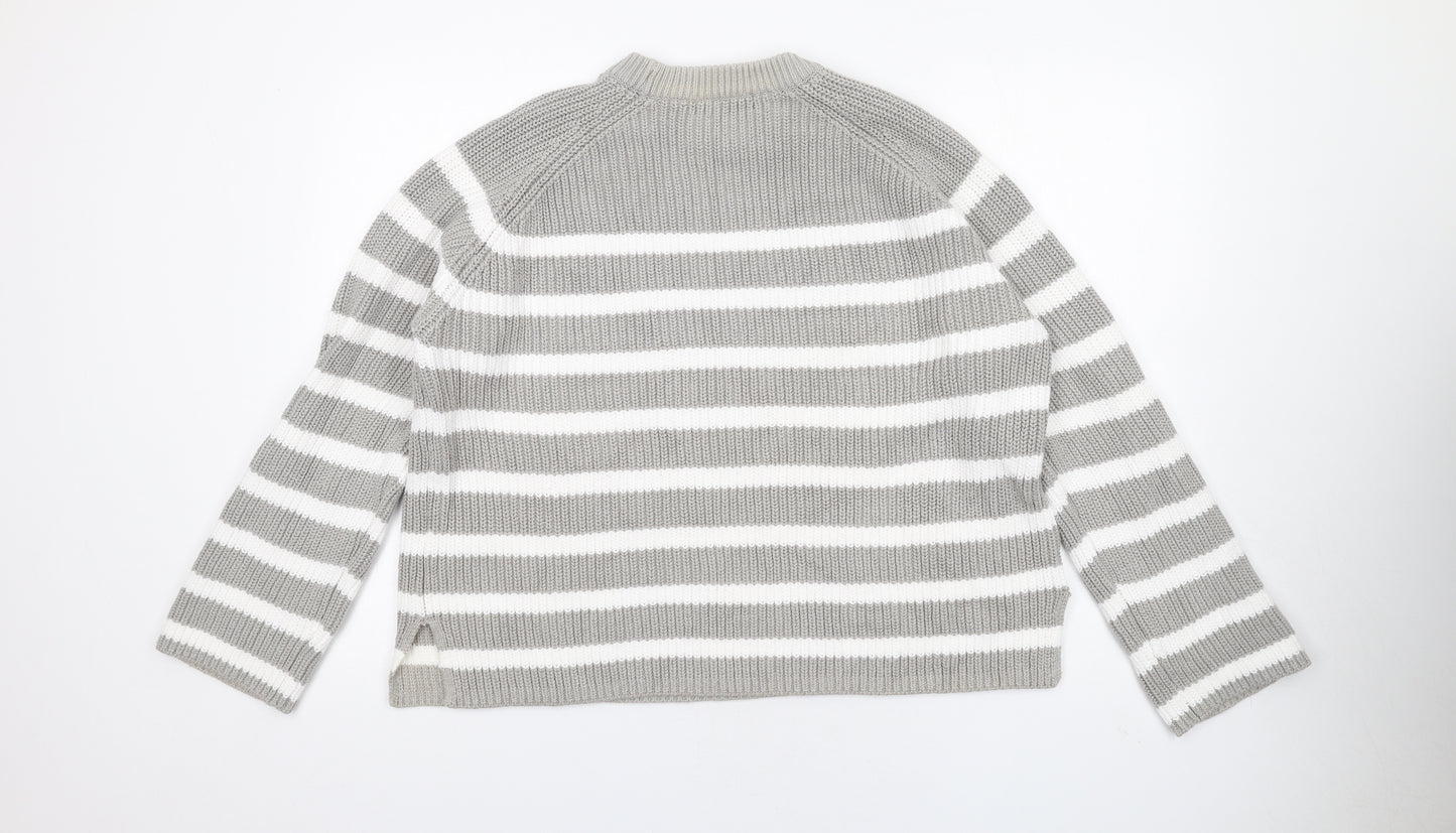Marks and Spencer Womens Grey Crew Neck Striped Cotton Pullover Jumper Size L