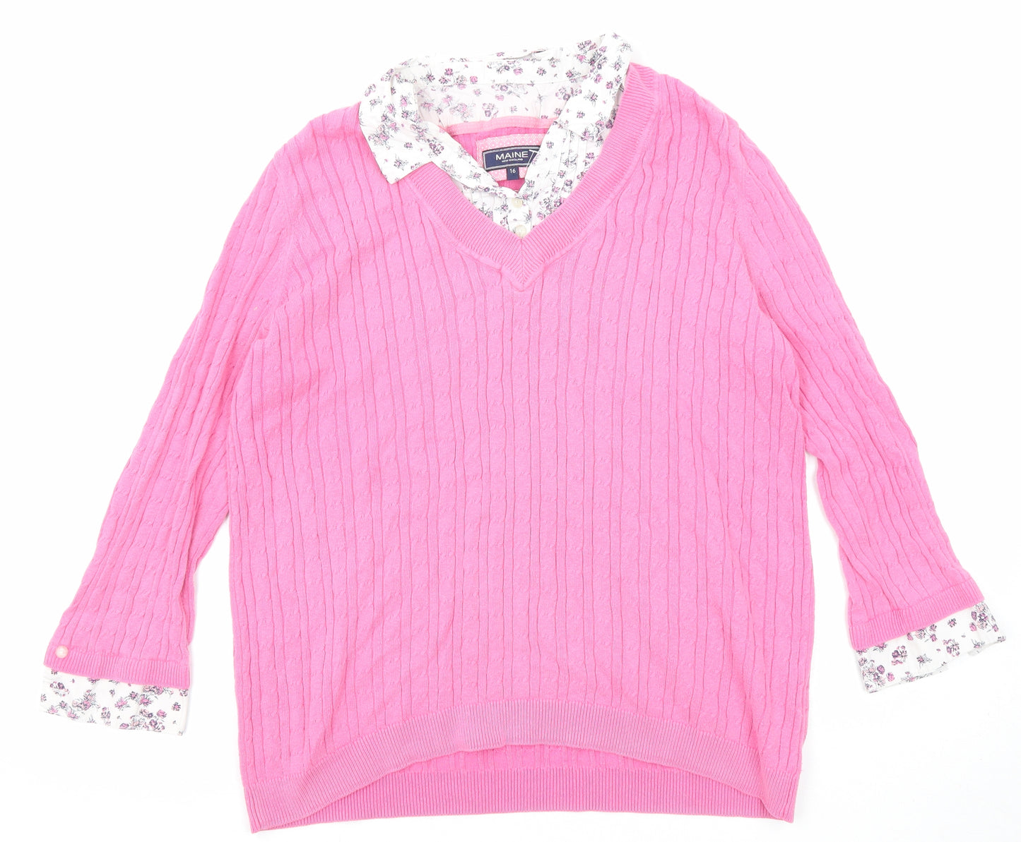 Maine New England Womens Pink Collared Cotton Pullover Jumper Size 16
