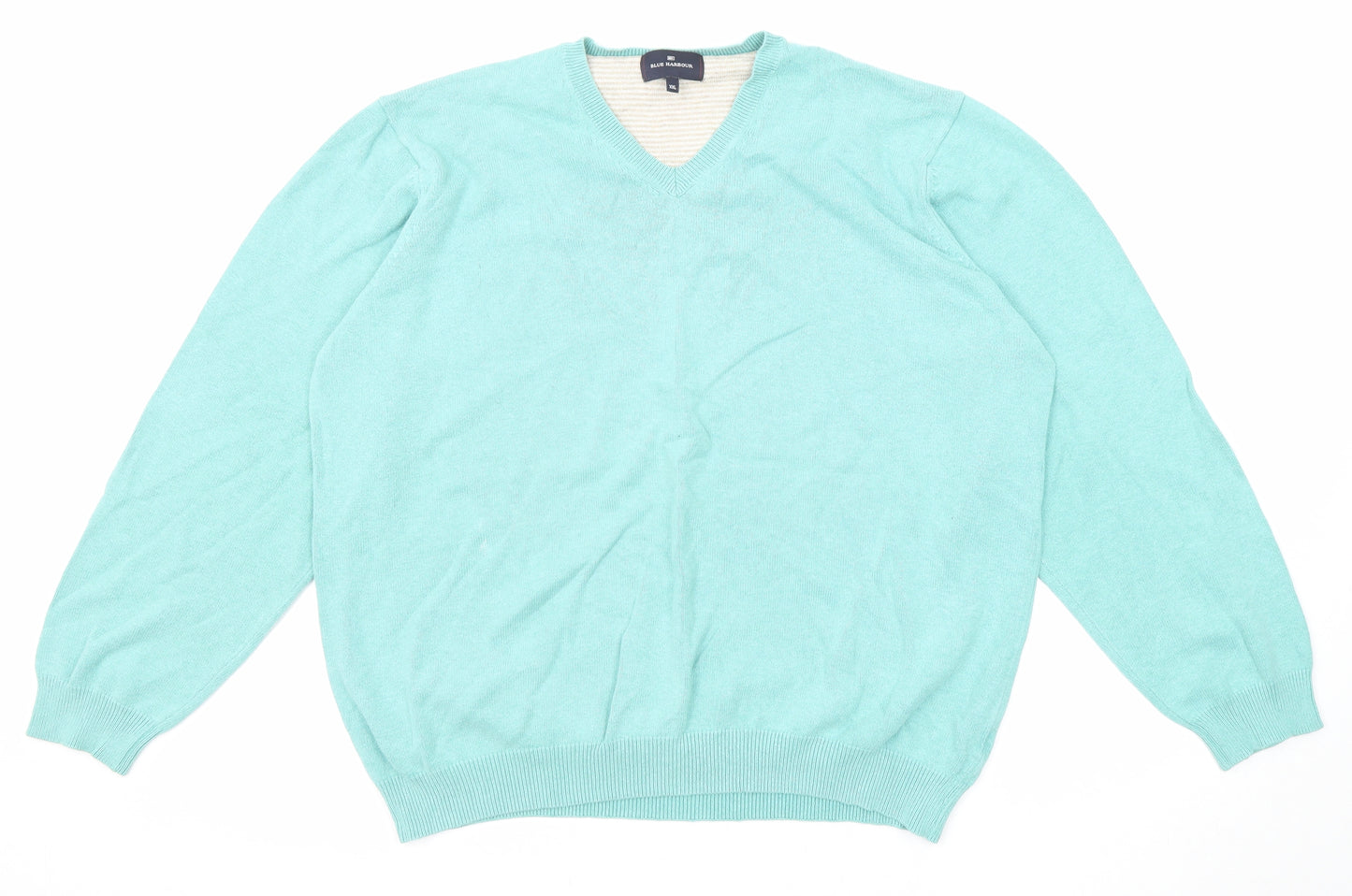 Blue Harbour Mens Blue V-Neck Cotton Pullover Jumper Size 2XL Long Sleeve