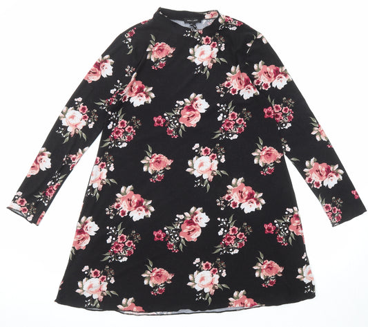 New Look Womens Black Floral Polyester A-Line Size 14 Mock Neck Pullover