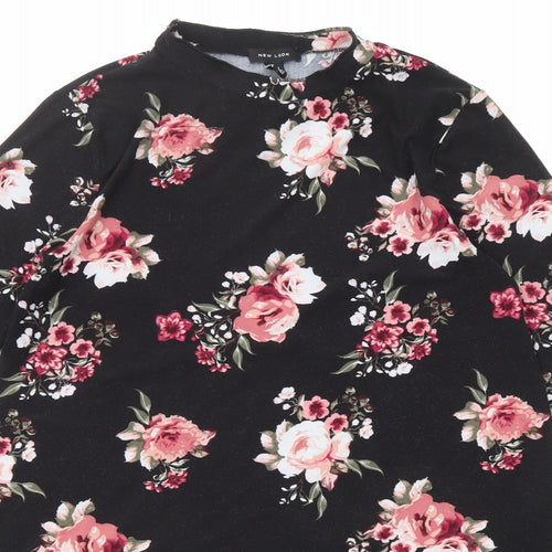 New Look Womens Black Floral Polyester A-Line Size 14 Mock Neck Pullover