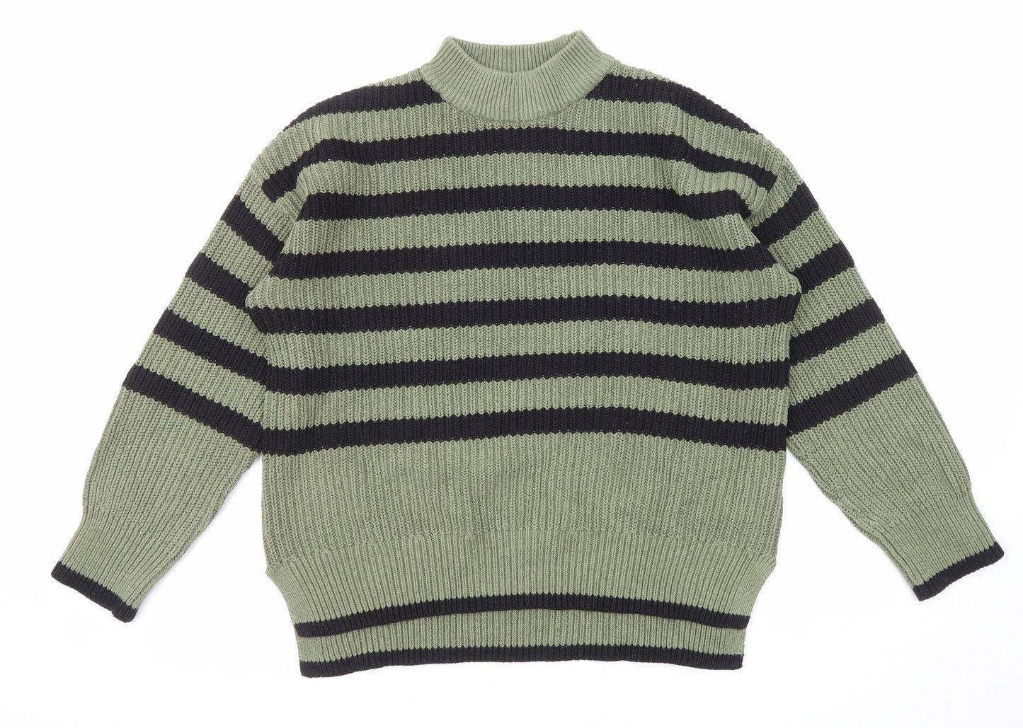 New Look Womens Green Mock Neck Striped Cotton Pullover Jumper Size M
