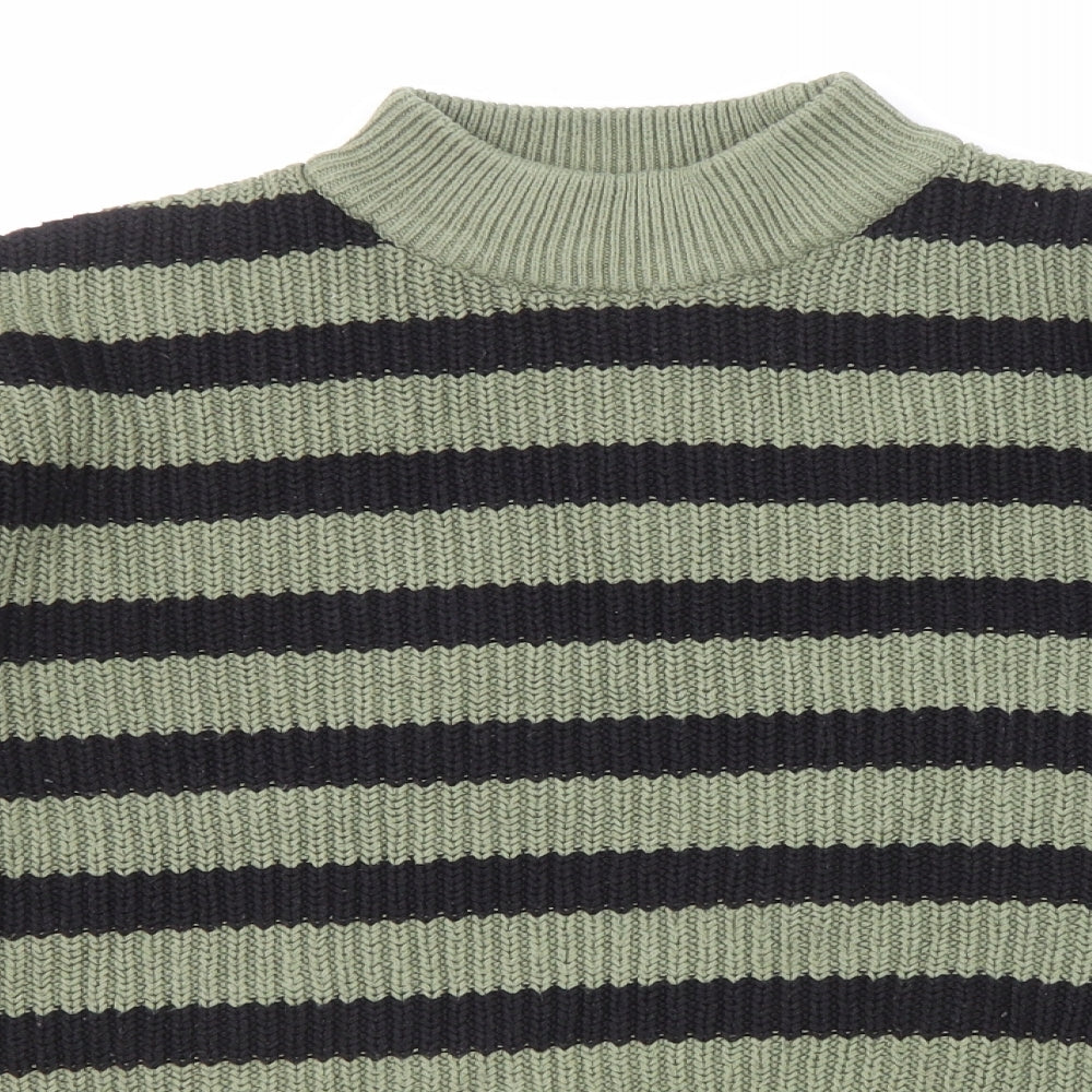 New Look Womens Green Mock Neck Striped Cotton Pullover Jumper Size M