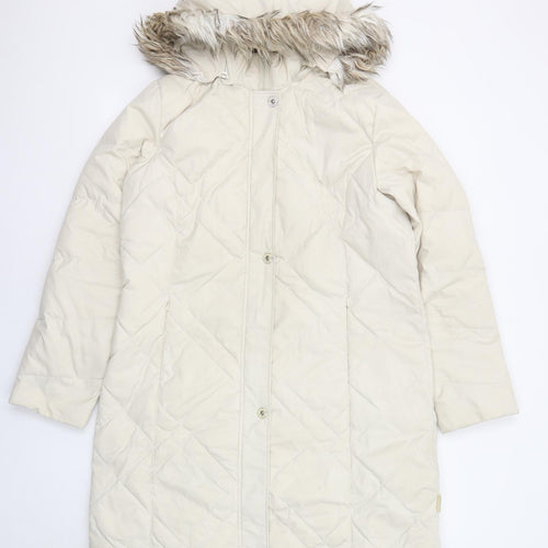Per Una Womens Beige Quilted Coat Size 14 Zip - Hooded Faux Fur Trim