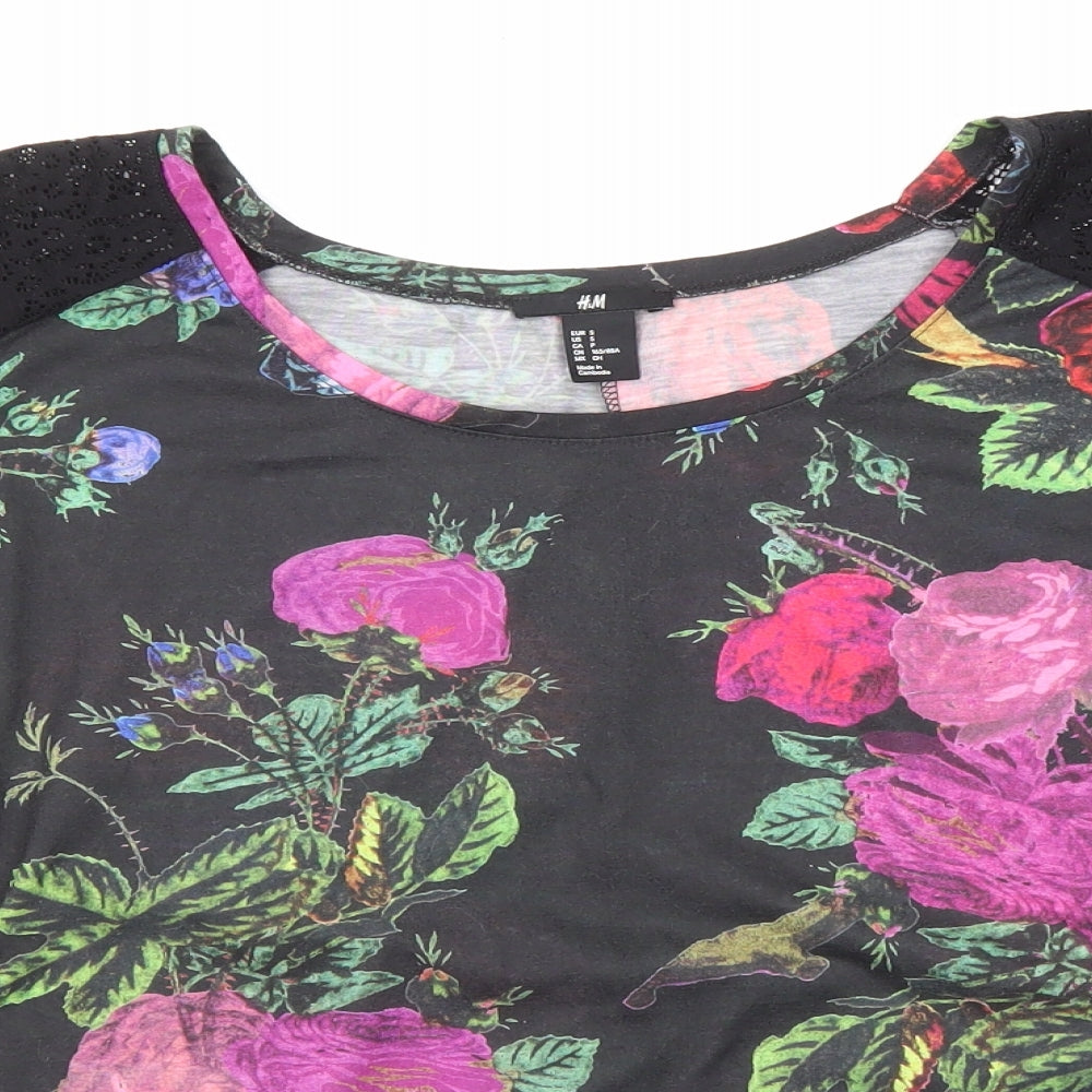 H&M Womens Multicoloured Floral Polyester Basic Blouse Size S Round Neck - Lace Sleeve Detail