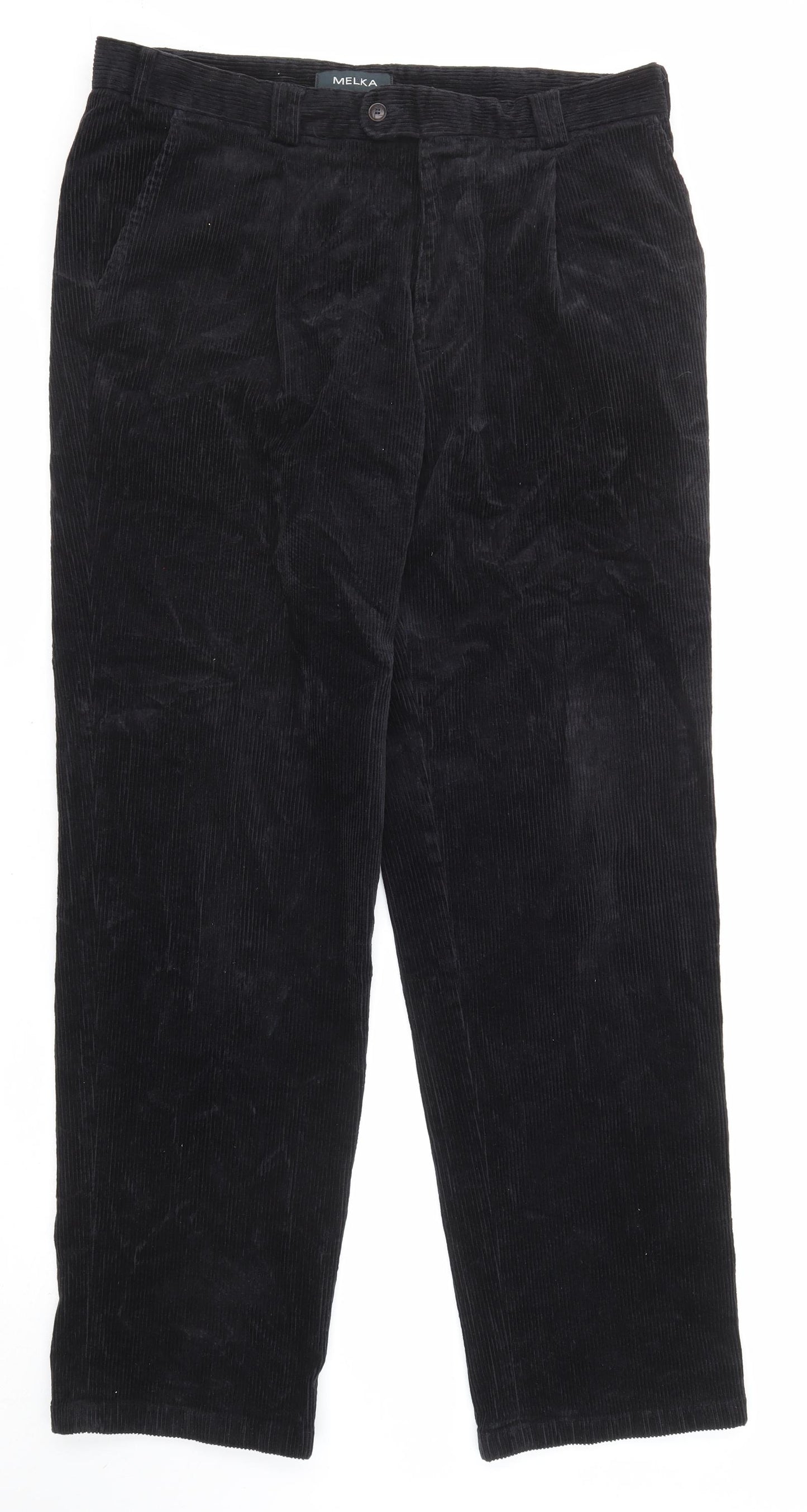 Melka Mens Black Cotton Trousers Size 38 in L34 in Regular Zip