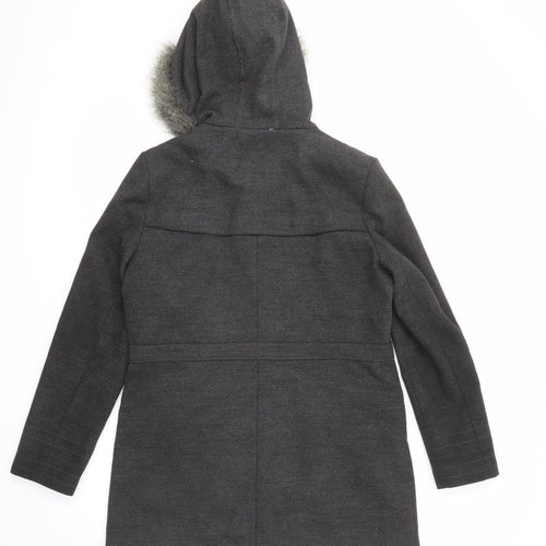 Dorothy Perkins Womens Grey Parka Coat Size 14 Button - Hooded Faux Fur Trim
