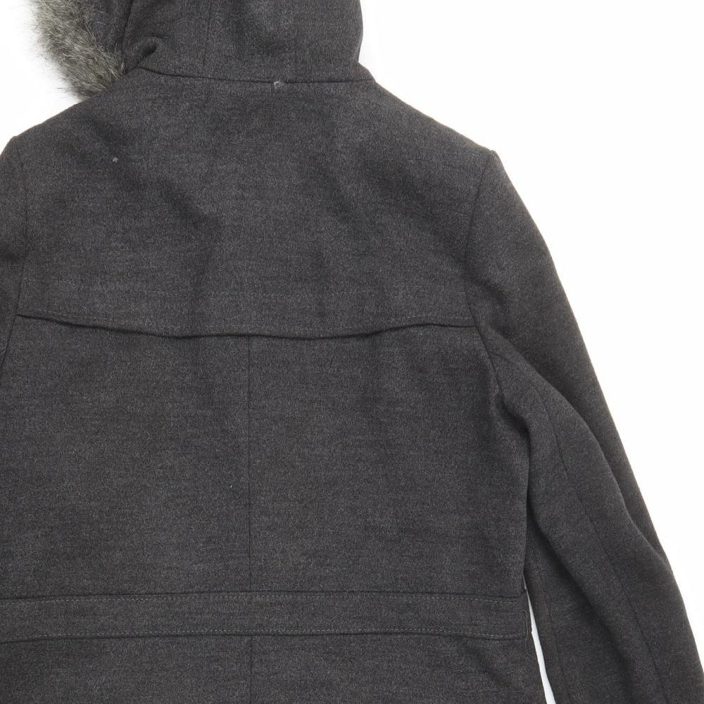 Dorothy Perkins Womens Grey Parka Coat Size 14 Button - Hooded Faux Fur Trim