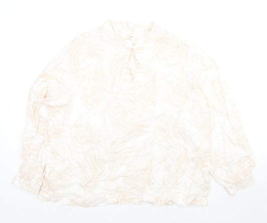 Per Una Womens White Floral Linen Basic Blouse Size 16 Round Neck