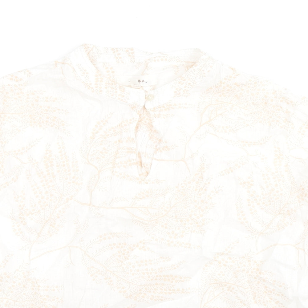 Per Una Womens White Floral Linen Basic Blouse Size 16 Round Neck