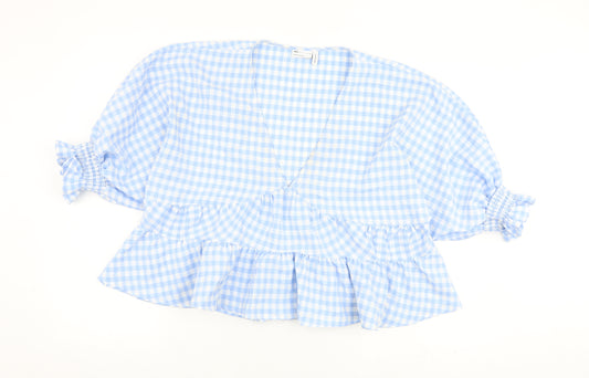 ASOS Womens Blue Check Polyester Basic Blouse Size 10 V-Neck