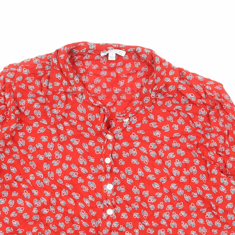 Patrons of Peace Womens Red Geometric Viscose Cropped Button-Up Size S Collared