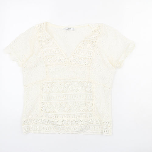 Mango Womens Ivory Geometric Polyester Basic T-Shirt Size S V-Neck