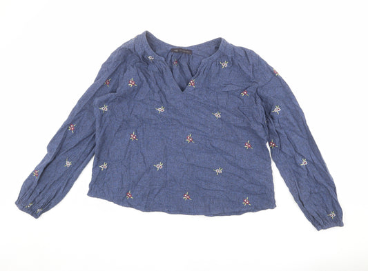 Marks and Spencer Womens Blue Floral Cotton Basic Blouse Size 10 V-Neck - Embroidered Detail