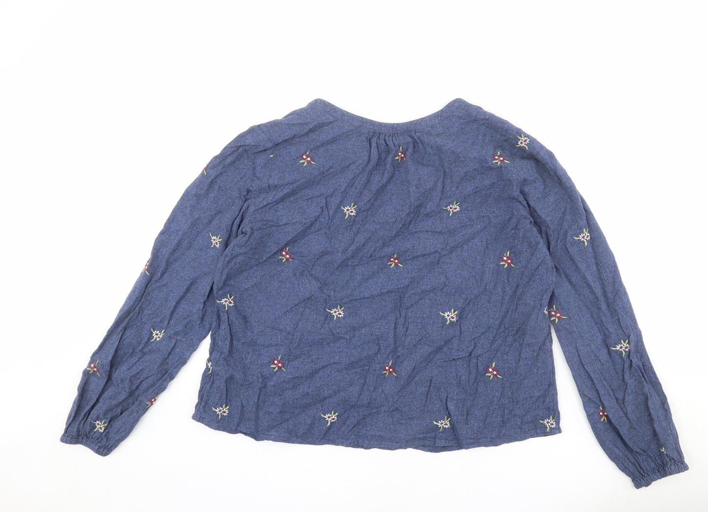 Marks and Spencer Womens Blue Floral Cotton Basic Blouse Size 10 V-Neck - Embroidered Detail