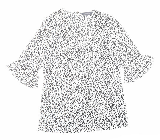 Sosandar Womens White Animal Print Polyester Basic Blouse Size 12 V-Neck - Leopard Print