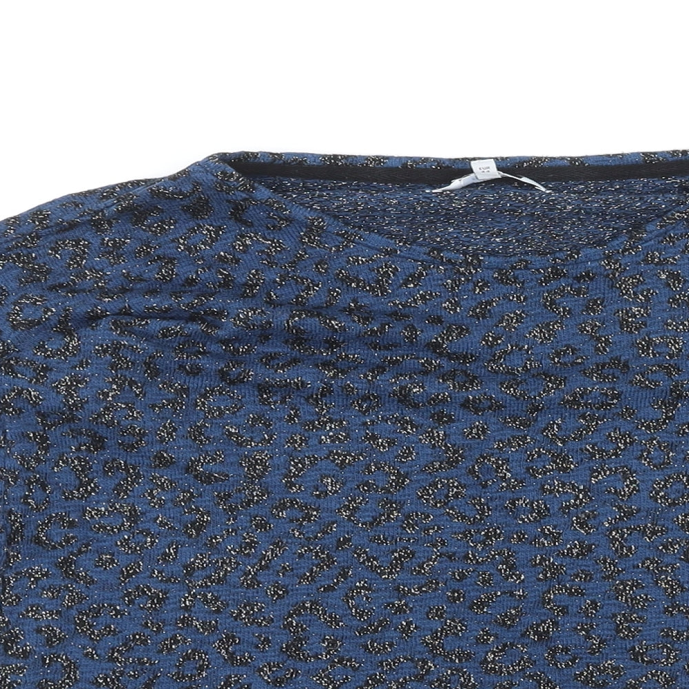 NEXT Womens Blue Animal Print Cotton Basic Blouse Size 16 Round Neck - Leopard pattern
