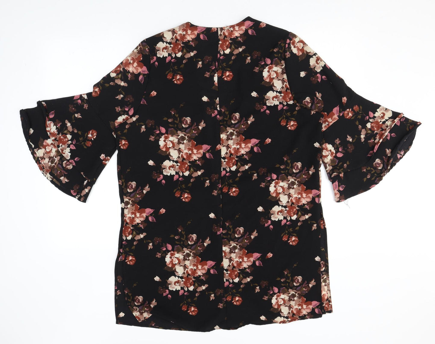 Style Therapy Womens Black Floral Polyester Kimono Blouse Size M V-Neck - Flared Sleeve