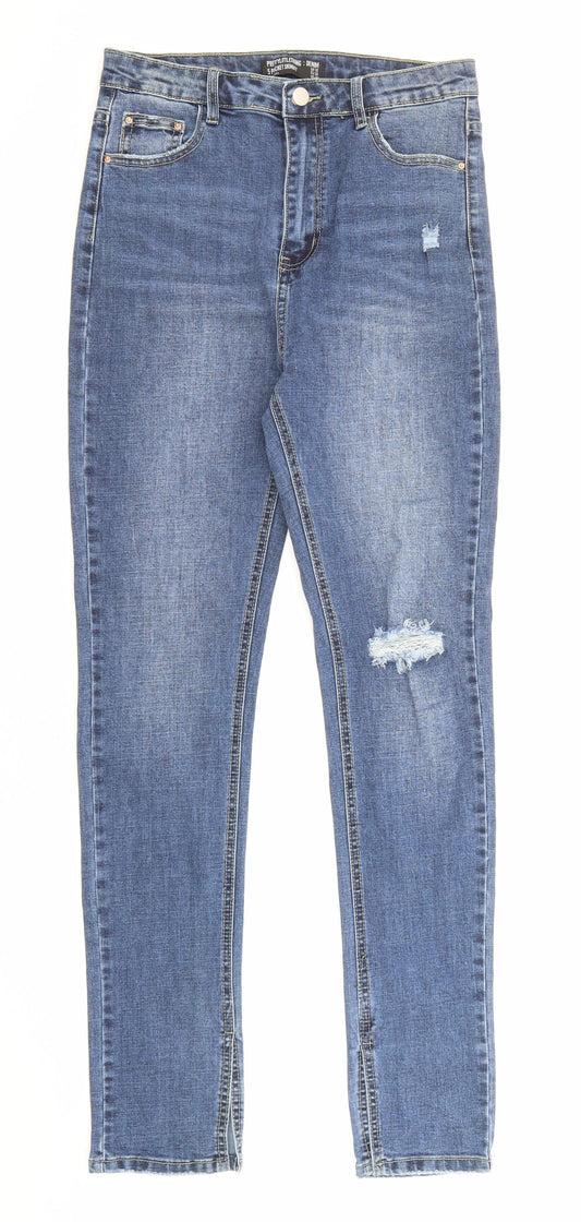 PRETTYLITTLETHING Womens Blue Cotton Straight Jeans Size 10 L30 in Regular Zip - Slit Leg