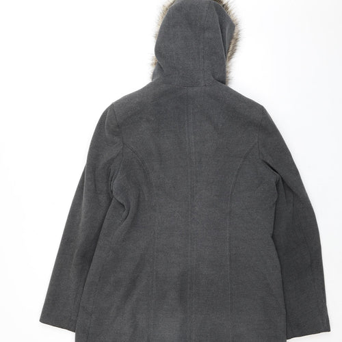 BHS Womens Grey Overcoat Coat Size 14 Button - Duffle Coat Hooded