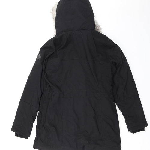 Hollister Mens Black Parka Coat Size L Zip - Faux Fur Trim Hooded