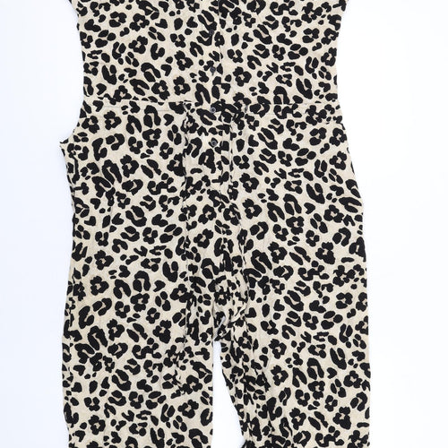 New Look Womens Beige Animal Print Vinyl Jumpsuit One-Piece Size 12 L24 in Button - Leopard Print