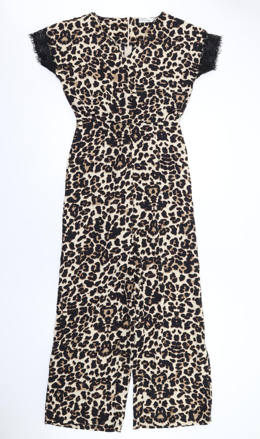Pocasago Womens Beige Animal Print Polyester Jumpsuit One-Piece Size M L31 in Zip - Leopard Print Lace Trim