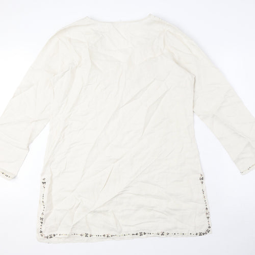 Marks and Spencer Womens Beige Linen Tunic Blouse Size 16 V-Neck - Sequin detail