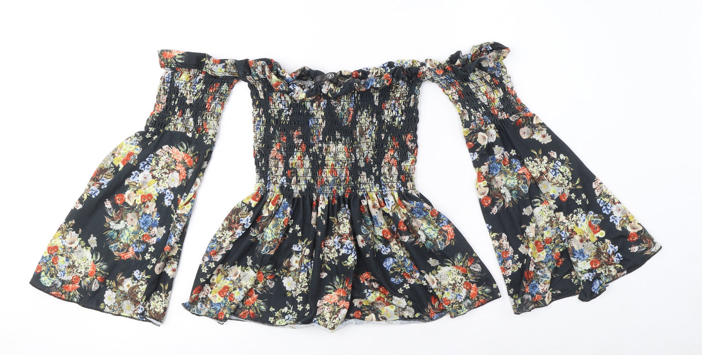 Missguided Womens Black Floral Polyester Basic Blouse Size 10 Off the Shoulder - Flared sleeves