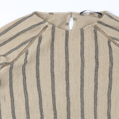 Marks and Spencer Womens Brown Striped Polyester Basic Blouse Size 10 Round Neck - Cut out detail