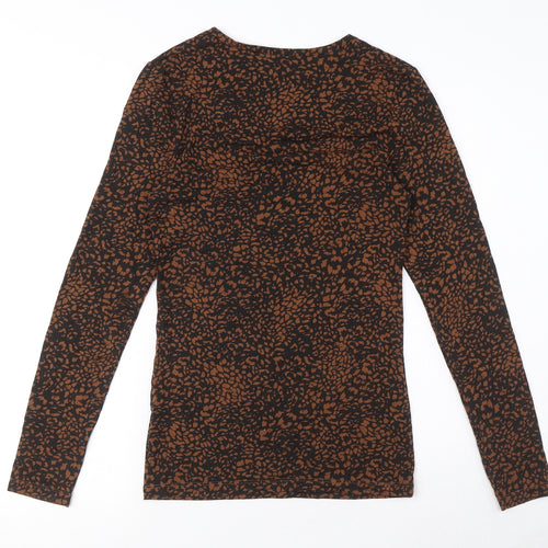 Marks and Spencer Womens Black Animal Print Acrylic Basic T-Shirt Size 12 Round Neck - Heatgen, leopard pattern
