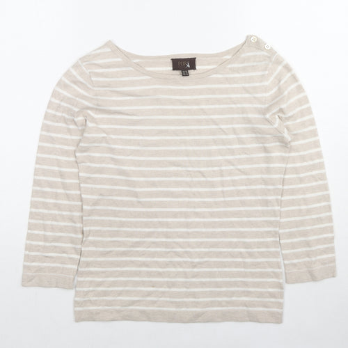 PURE Collection Womens Beige Round Neck Striped Cotton Pullover Jumper Size 8