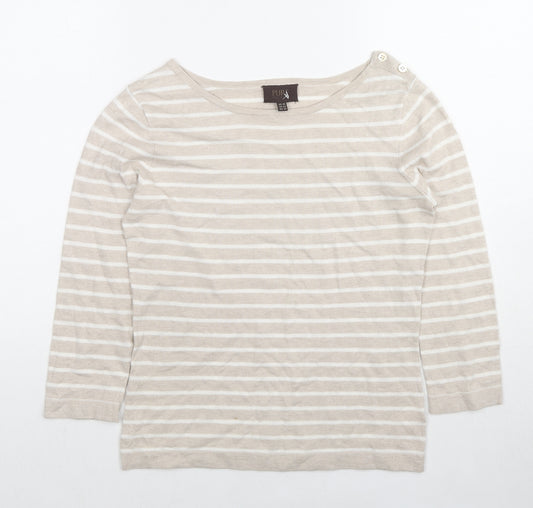 PURE Collection Womens Beige Round Neck Striped Cotton Pullover Jumper Size 8