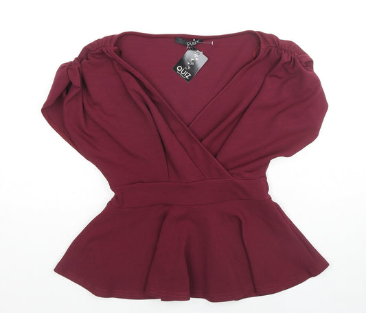 Quiz Womens Red Polyester Basic Blouse Size 8 V-Neck