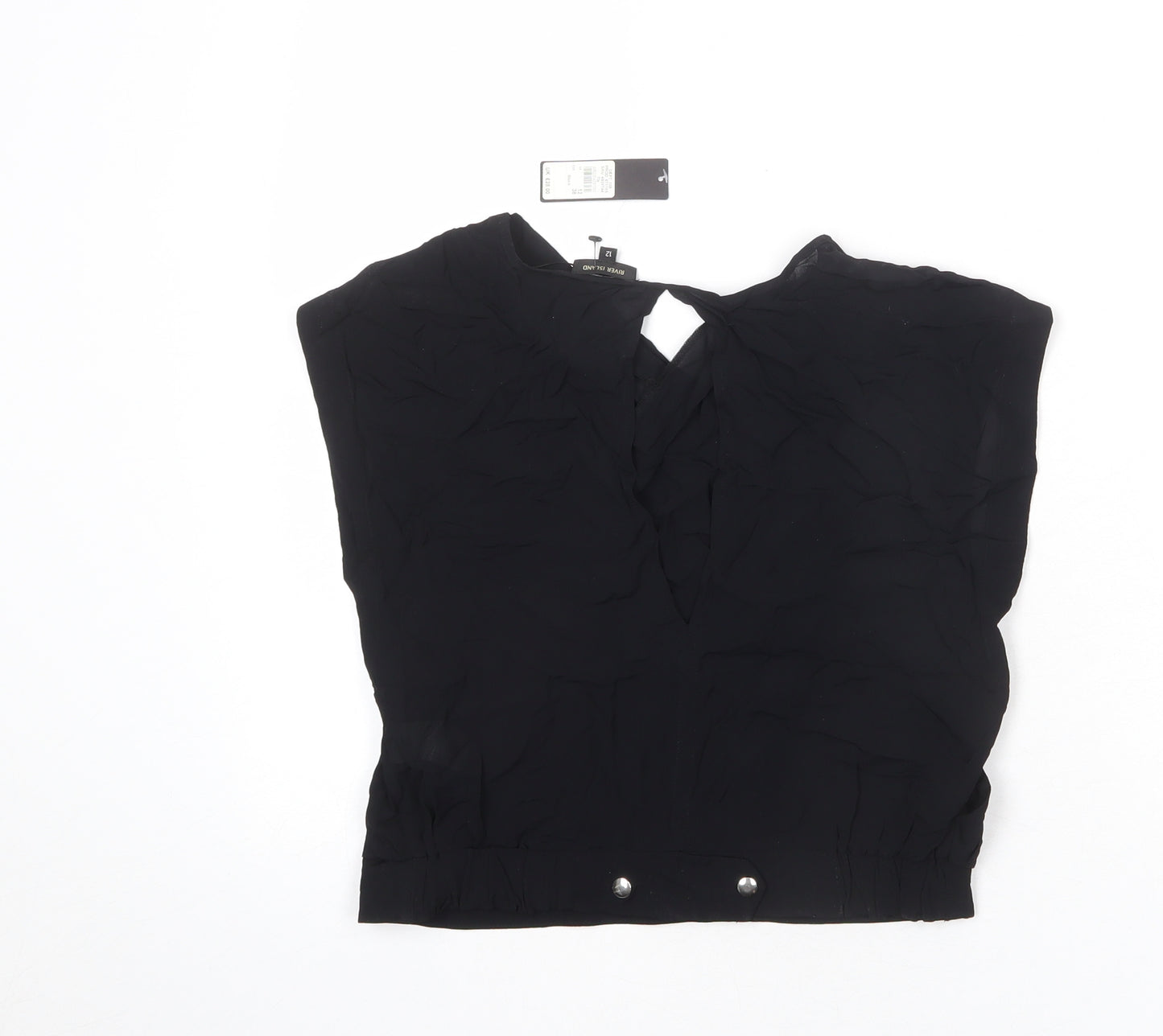 River Island Womens Black Viscose Cropped Blouse Size 12 Cowl Neck - Plunging Neckline, Keyhole Cut Out