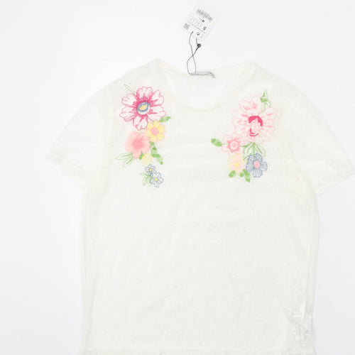 Zara Womens White Floral Polyamide Basic T-Shirt Size S Round Neck - Floral Embroidery