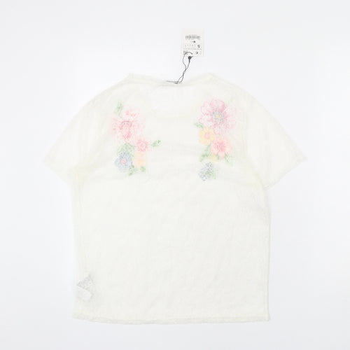 Zara Womens White Floral Polyamide Basic T-Shirt Size S Round Neck - Floral Embroidery