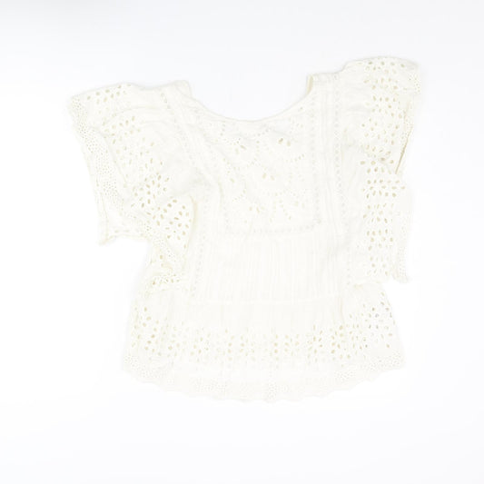 Jack Wills Womens Ivory Cotton Basic Blouse Size 12 Square Neck - Lace Frill Detail