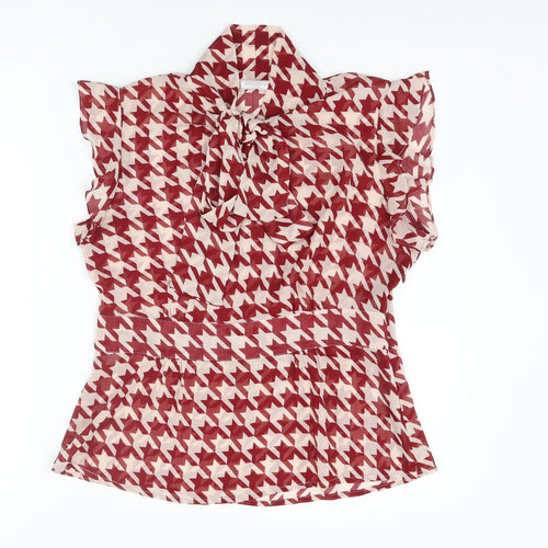 Epilogue Womens Red Geometric Polyester Basic Blouse Size 12 Mock Neck - Houndstooth Tie Frill