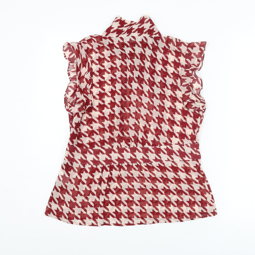 Epilogue Womens Red Geometric Polyester Basic Blouse Size 12 Mock Neck - Houndstooth Tie Frill