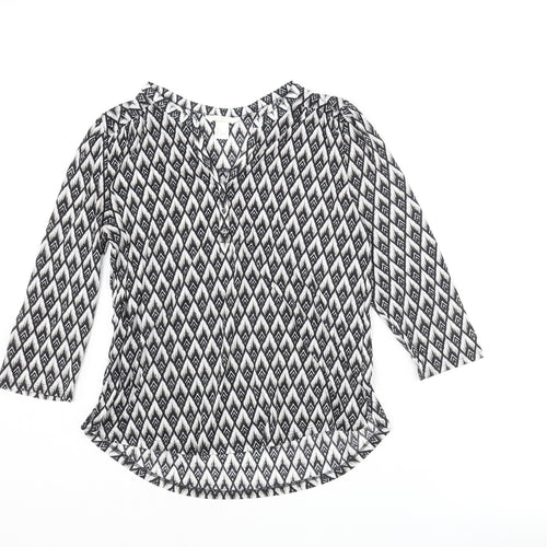 H&M Womens Black Geometric Polyester Basic Blouse Size S V-Neck