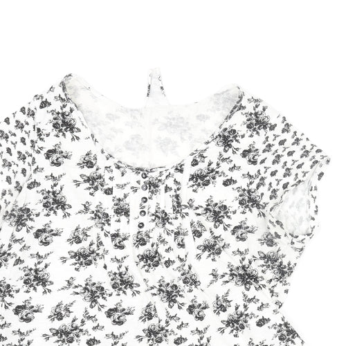 BHS Womens White Floral Cotton Basic T-Shirt Size 20 Scoop Neck - Button Belted