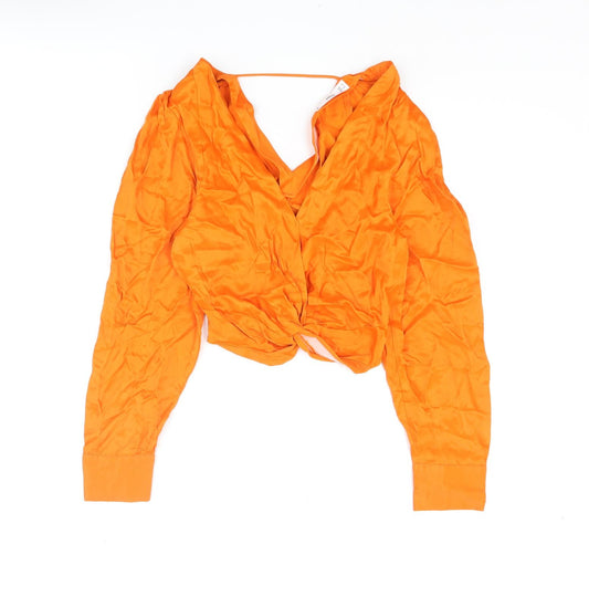 Mango Womens Orange Viscose Cropped Blouse Size XS V-Neck - Knot