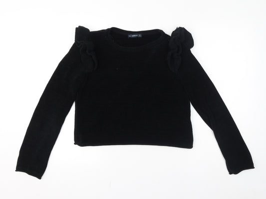 Zara Womens Black Boat Neck Polyester Pullover Jumper Size S - Ruffle detail on shoulder