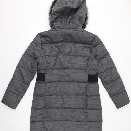 Dorothy Perkins Womens Grey Quilted Coat Size 14 Zip - Faux Fur Hood