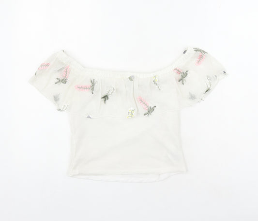 Divided by H&M Womens Ivory Polyamide Cropped Blouse Size S Off the Shoulder - Embroidered Flowers