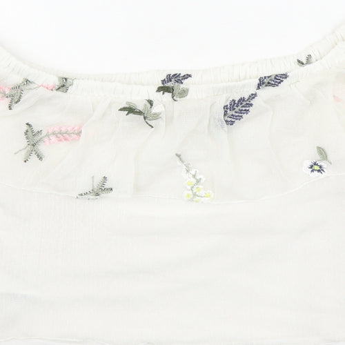 Divided by H&M Womens Ivory Polyamide Cropped Blouse Size S Off the Shoulder - Embroidered Flowers