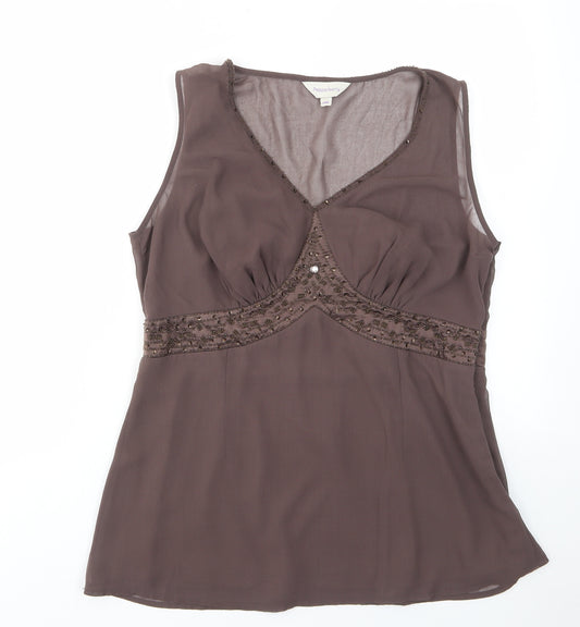 Pepperberry Womens Brown Polyester Camisole Blouse Size 14 V-Neck - Jewels,Pleated, Layered