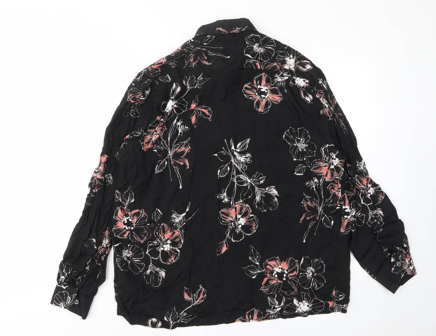 Caserini Womens Black Floral Viscose Basic Button-Up Size XL Collared - Pocket
