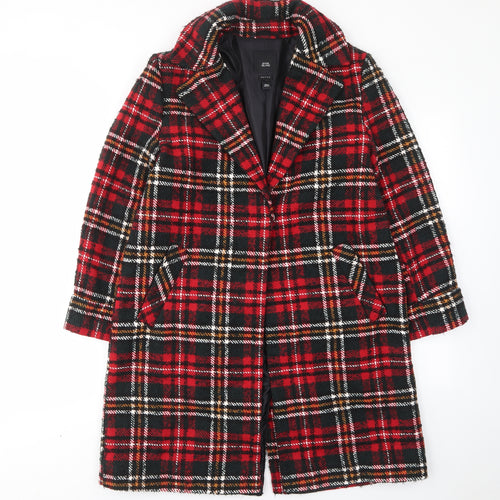 River Island Womens Red Plaid Overcoat Coat Size 14 Snap - Pockets, Collared, Lined